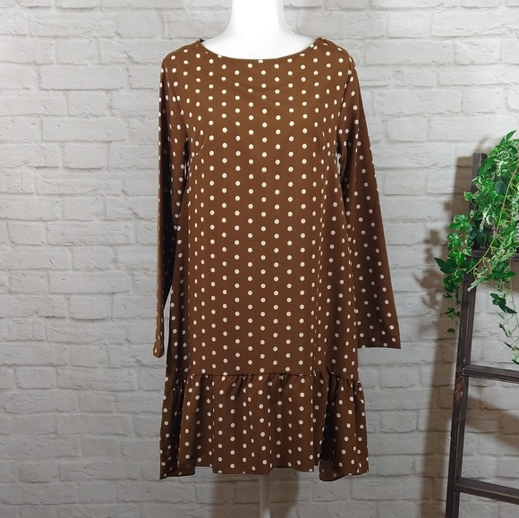 OYE Cute Brown Polkadot Casual Retro Boho Loose Fit Swing Long Sleeve Dress NWT - Picture 8 of 10